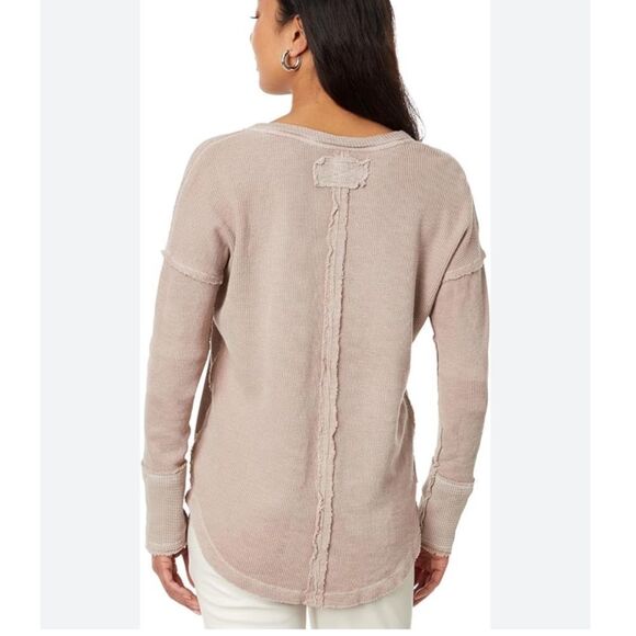 Free People/ We the Free washed out mauve long sleeve ribbed & waffle V-neck MED - Picture 2 of 15